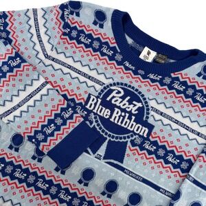 Pabst Blue Ribbon Sweater Men 2XL Blue Fair Isle Holiday Ugly Christmas PBR Logo